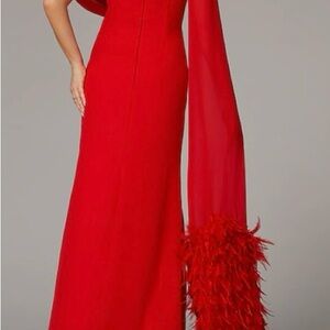 Brand new never worn Elegant  Red Evening Gown with Feathered Accent